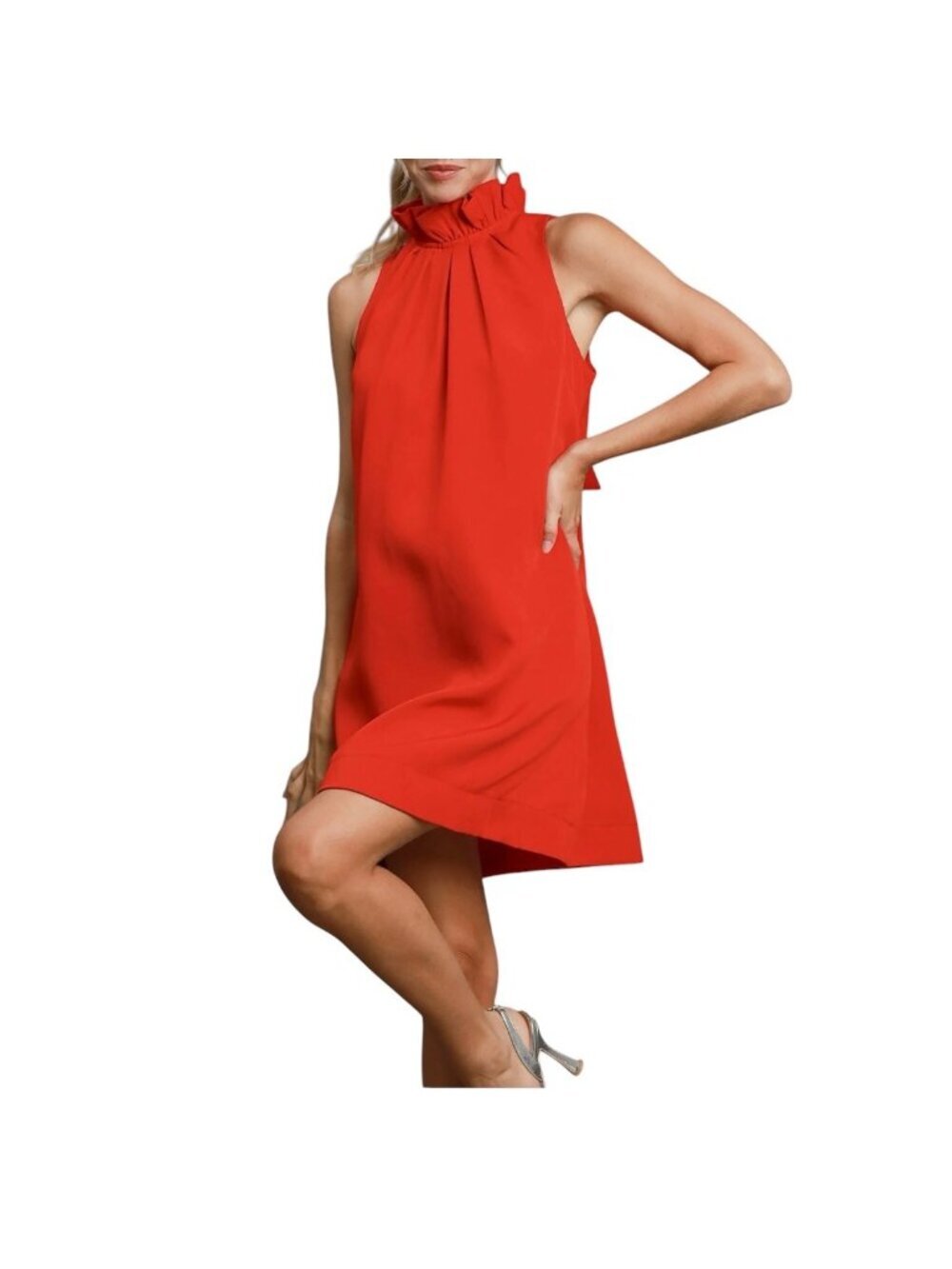 Umgee L Red Trapeze Ruffle Collar Bow Tie Swing Dress Wedding Party